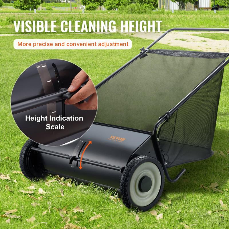 VEVOR Push Lawn Sweeper, TikTokShopBlackFriday, 26 Inch Leaf & Grass Collector, Strong Rubber Wheels & Heavy Duty Thickened Steel Durable to Use with Large Capacity 7 ft³ Mesh Collection Bag, 4 Spinning Brushes