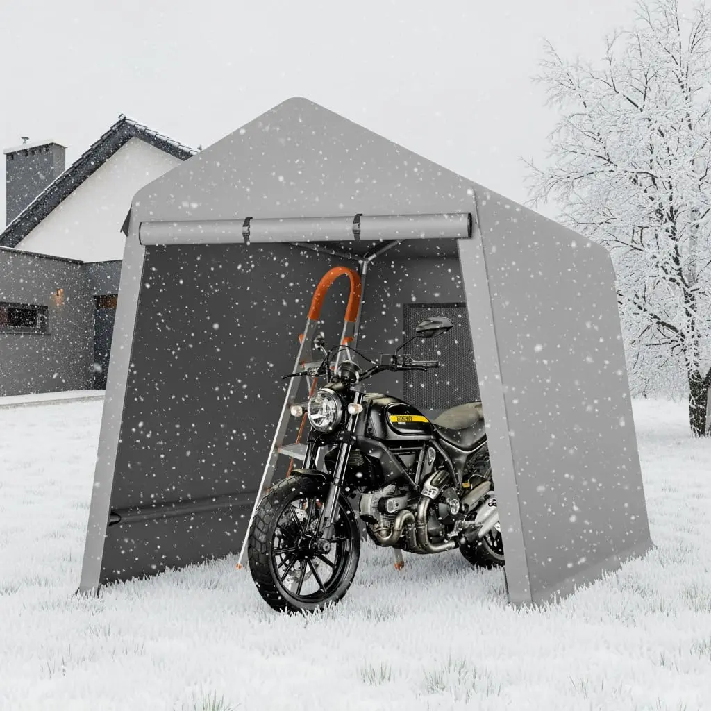 6 X 8 Ft Carport Portable Storage Shed Outdoor Tarp Sheds with Roll-Up Door, Bike Shed ATV Storage Tent for Motorcycle, Car, Garden Tools Grey
