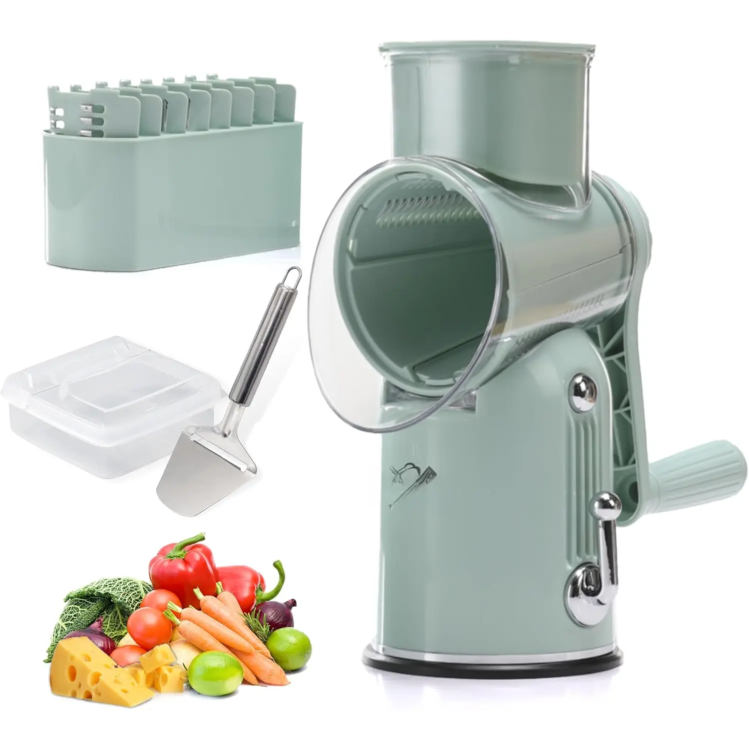 5-in-1 Rotary Cheese Grater with Hand Crank - Multi-Functional Vegetable Slicer, Nut & Cheese Shredder - Easy to Clean Food Grater (Green)