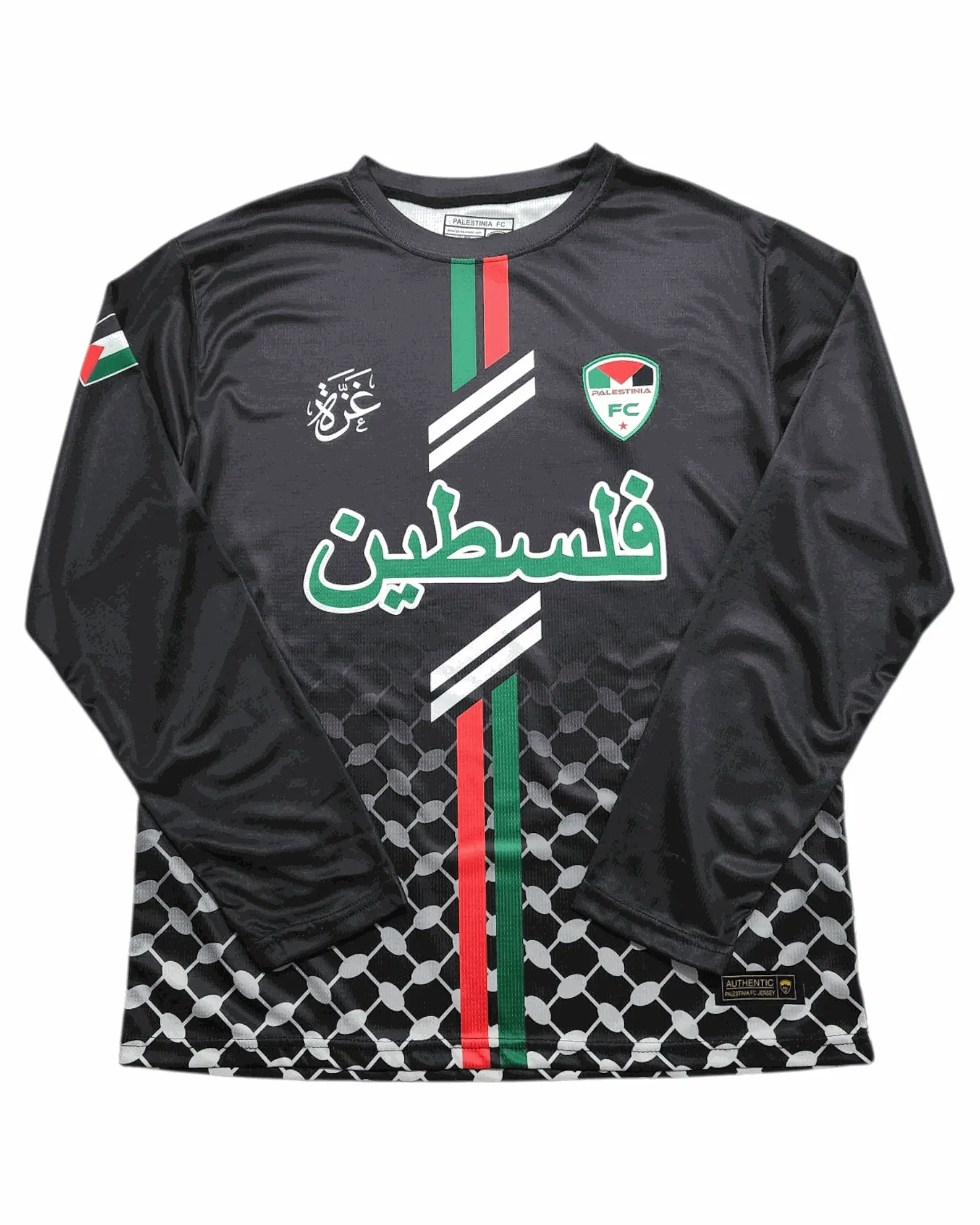 Black Palestine Arabic Jersey (Green/Red Stripes) Long Sleeve