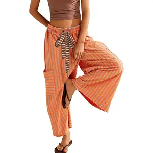 Women’s Drawstring Striped Loose Wide-Leg Lounge Palazzo Pants with Pockets