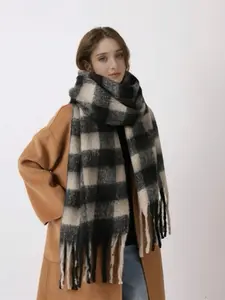 Winter Plaid Scarf, Thickened Wool Blend Shawl, Windproof Warm Large Wrap, Fashionable Tassel Design, Women's Accessories