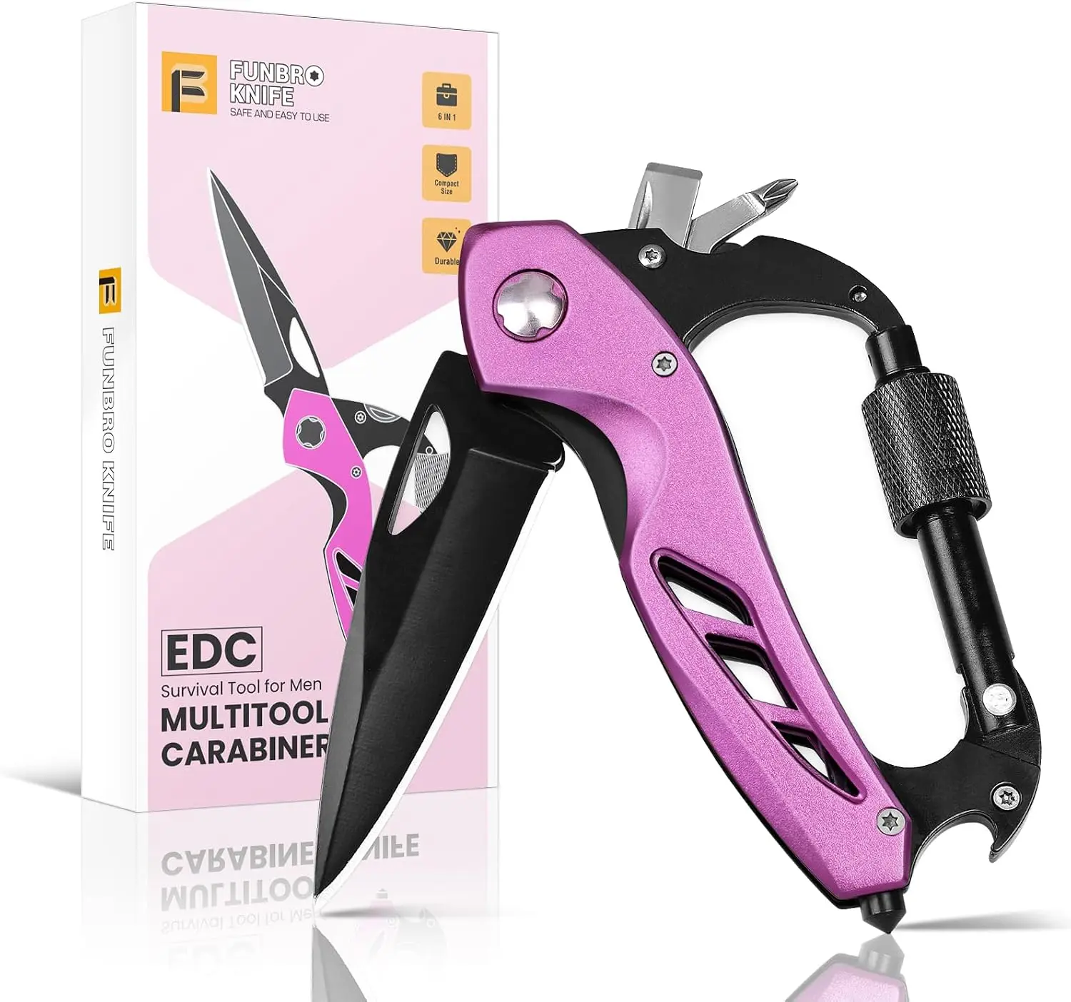6-in-1 Pink Multitool Carabiner Keychain - Bottle Opener, Screwdriver, Window Breaker - Sports & Outdoor Camping Hiking Tool, Stocking Stuffer Gift for Women