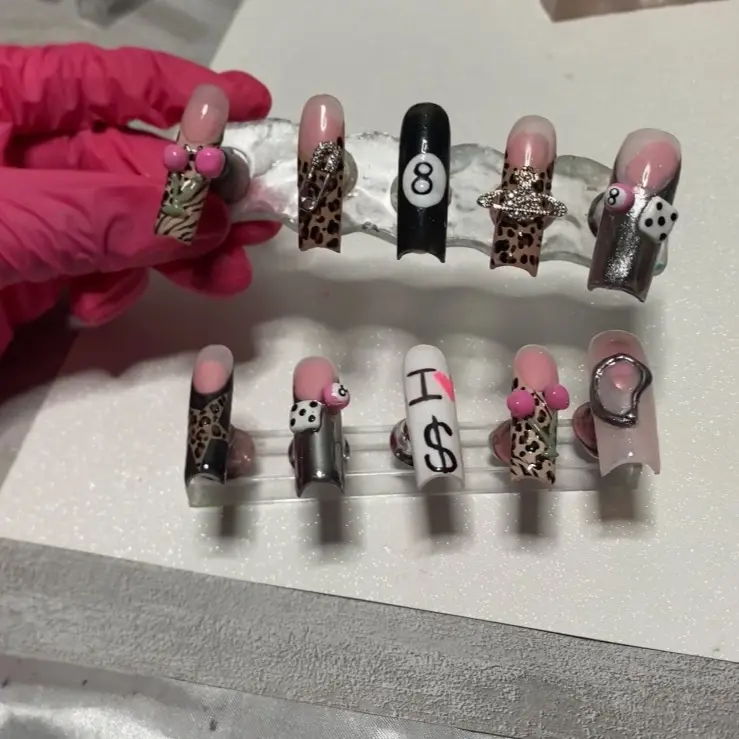 Cherry Set Handmade Press-On Nails with Leopard & Polka Dot Designs for Stylish Manicures