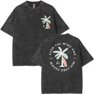 Washed Tee with Palm Tree, Surfboard & "Even The Wind And Waves Obey Him" Graphic, Short - Sleeved