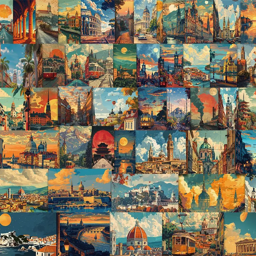 Vintage City Landscape Pattern Sticker, 50pcs/set Creative Self Adhesive Decorative Sticker, DIY Decals for Water Bottle, Laptop, Phone Case