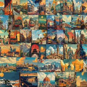Vintage City Landscape Pattern Sticker, 50pcs/set Creative Self Adhesive Decorative Sticker, DIY Decals for Water Bottle, Laptop, Phone Case