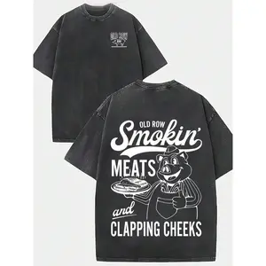 Pig Mascot - "Smokin' MEATS And CLAPPING CHEEKS" Graphic Printed Street Style Men's Casual Wear Washed Cotton Round Neck Short Sleeve Comfortable & Breathable Double - Sided Printed Tee For Summer High - Quality Design