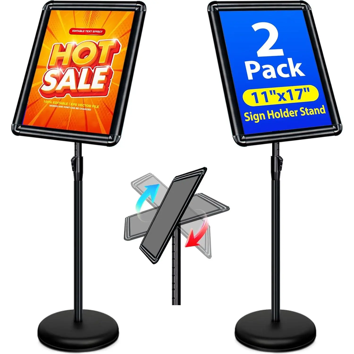 2-Pack 11x17 Inch Adjustable Sign Stand & Floor Standing Sign Holder - Pedestal Poster Stand with Vertical & Horizontal View Display for Indoor/Outdoor Business & Store Signage (Black)