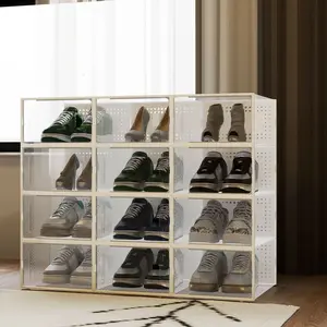 12Pcs Stackable And Foldable Shoe Boxes with LIDS - Clear, Waterproof Plastic Sneaker Storage Containers,Space Saving Shoe Rack,Substitute For Drawer Organize Unit, White multipurpose use