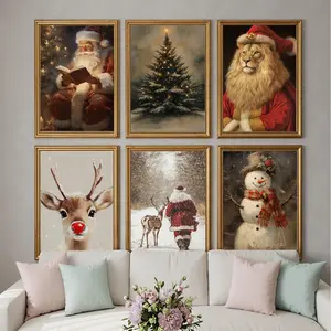 Santa Claus Reindeer Wall Art Forest Snowfall in Winter Poster Vintage Nature Animal Canvas Painting for Holiday Home Wall Decor