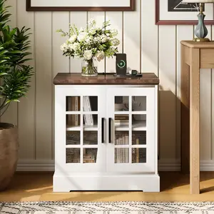 Farmhouse End Table with Charging Station, 24" Large Sofa Side Table with Grid Tempered Glass Doors, Nightstand with Adjustable Storage Shelf, Wood Square Bedside Table for Living Room, Bedroom- White