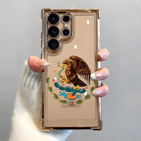 Mexican Golden Eagle Badge Flag Design Smartphone Case - Electroplated Durable Soft TPU Casing, Airbag Drop Guard Shockproof Slim Cover, Multi-Model Mobile Phone Accessories for Samsung S22-S26 Ultra, S25Edge, S24FE Plus, S25+