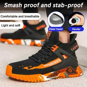 Shoes for Gentlemen High-Top Safety Boots with Steel Toe, Smash & Stab Proof - Breathable, Comfortable Work Shoes for Men and Women, Ideal for Hiking, Outdoor Activities, Running & Exercise, Black/Orange/Gray
