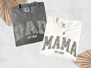 Comfort Colors Camo Est Mama Dad T-Shirt, Matching Mom & Dad Shirt, Pregnancy Announcement Outfit, Mother's Day Gift for Mom, New Dad Tee, Gift for Parent