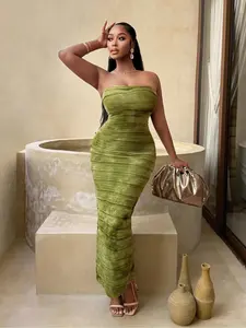 Women's Halter Long Dress Olive Gradient, Full Frill Design, Chic, Slim Fit Bodycon, Sexy Style, Sleeveless Midi Dress