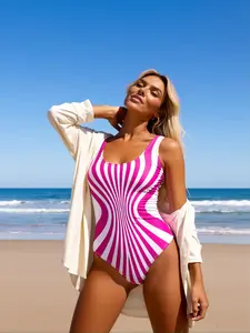 2026 New Flattering One-Piece Swimsuit: Hot Pink White Optical Illusion Print, Scoop Neck, High Cut, Beach Style