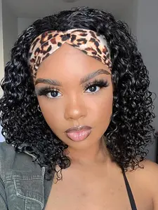 Curly Headband Wigs for Women, 12 Inch Yaki Kinky Curly Headband Wig, Synthetic Hair Glueless Half Wig for Daily Party Cosplay