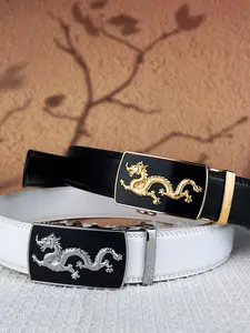 1Pcs Chinese Loong relief alloy automatic buckle, 3.5cm/1.38in wide men's and women's fashion trend belt, luxury brand solid color simple business belt, perfect holiday gift for father and husband.