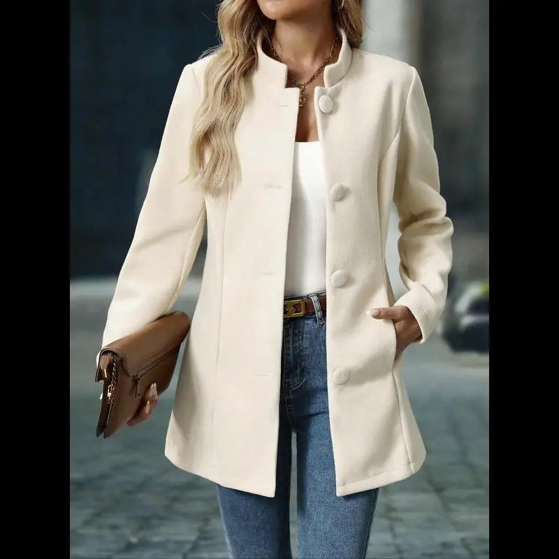 Women's Classic Turtleneck Wool Fabric Coat, Mid-Length Fitted Style, Single-Button Long Sleeve Outerwear with Pockets for Everyday, Basic