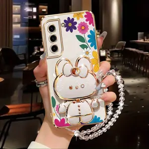 S21 Fashion Series Pearl Strap Lanyard Phone Holder Protective Case Accessories For Compatible With Samsung Galaxy S21 5G PC Cover and Durable Flower Pattern and Rabbit Stand Protector Cases