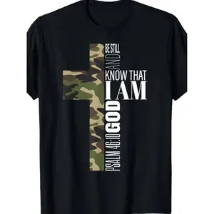 [100% Cotton] [100% Cotton] Men'S Be Still And Know God Verse T-Shirt - Black With Green Camo Cross Design T-Shirt For Men And Women