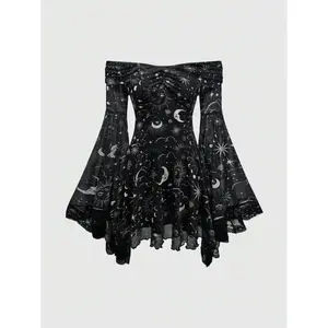 Goth Gothic Vintage Mysterious Star & Moon Pattern Mesh Full Print Off Shoulder Flare Sleeve Dress Can be used with a raincoat