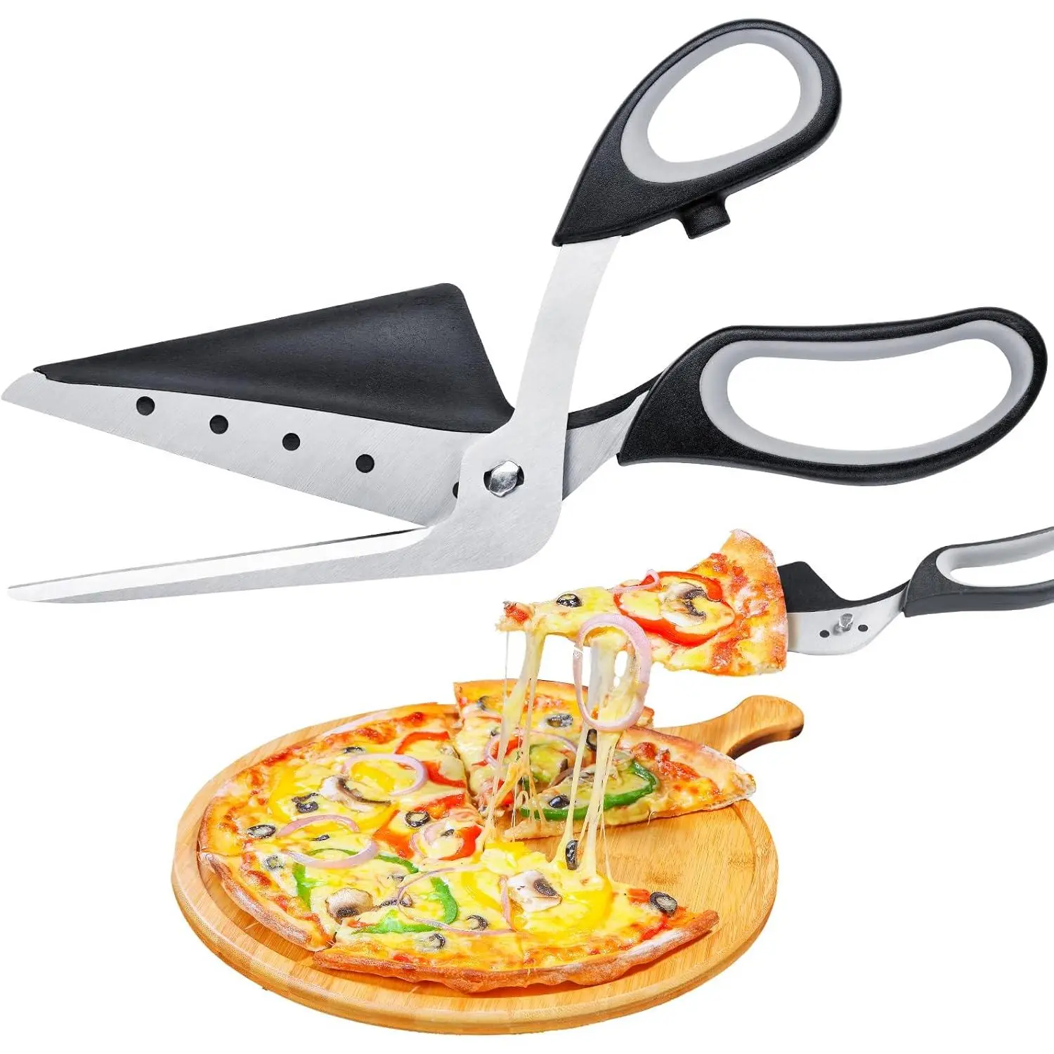 Pizza Scissors Cutter with Built-In Serving Spatula, 2-In-1 Multi-Use Detachable Sharp Stainless-Steel Blades Pizza Slicer Easy Cutting One-Handed Operation Ergonomic Soft Grip Kitchen Gadget Pasta Utensils Cake Cheese