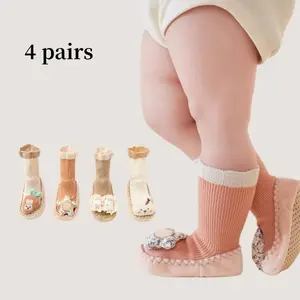 4 Pairs Adorable 3D Decor Baby Sock Shoes for Toddlers - 2-in-1 Floor Socks with Non-slip Soft Soles, Cute Knit Slipper Socks for Indoor Use, Breathable Cotton Anti-slip Shoes for Newborns, Pretty & Safe First Walkers Socks 0-24 Months