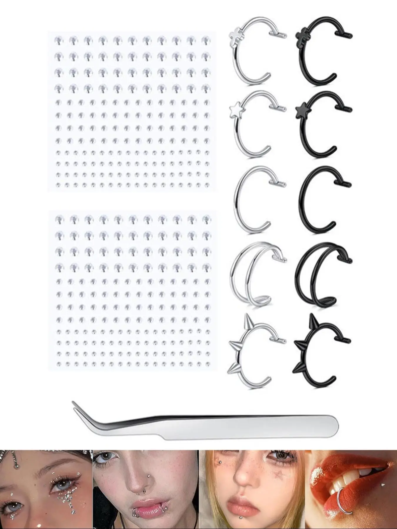 Stainless Steel Fake Lip Rings, Fake Piercing Nose Studs, Nostril Nose Ring, Punk Style Unisex Body Jewelry, Party Accessories for Men and Women, Non Piercing Jewelry