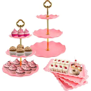 6 Pcs Cupcake Stand Set - Pink Dessert Table Display Set, 2X Pink Round 3 Tier Cupcake Display Stands Cookie Tray Rack Serving & 4X 14 in Trays for Wedding Baby Shower Tea