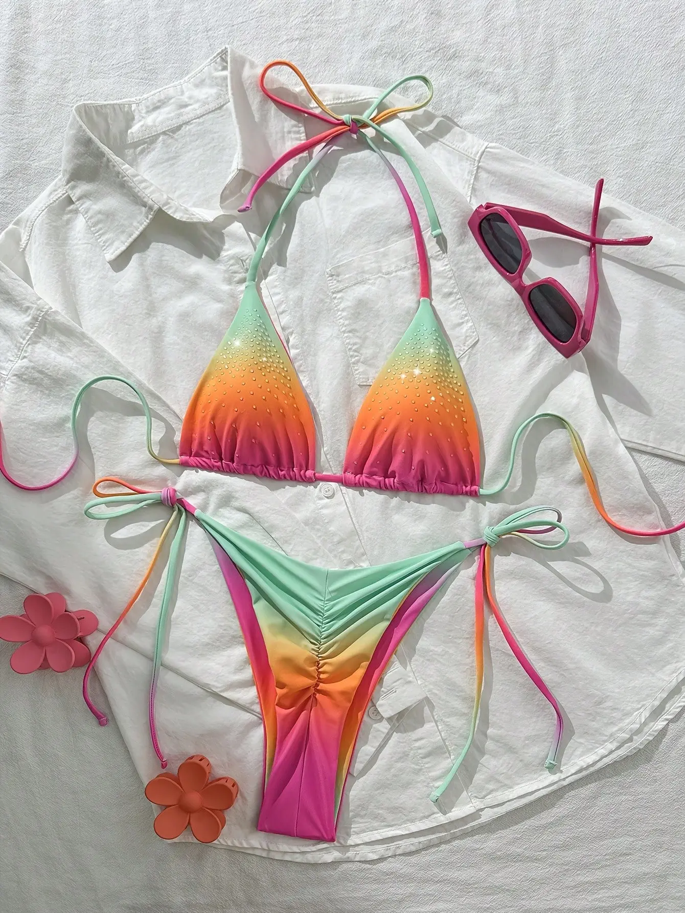 Trendy Ombre Rhinestone Bikini Set for Women High Stretch Two Piece Swimwear Perfect for Beach Pool Vacation Stylish Matching Top and Bottom Swim Suit