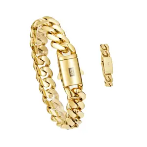 14k Gold Plated Bracelet Chunky Hip Hop Bracelet,14 MM Black S Clasp Cuban Miami Link Chain Fashion and Luxury,New Year Gift,Ankle chain bangles,