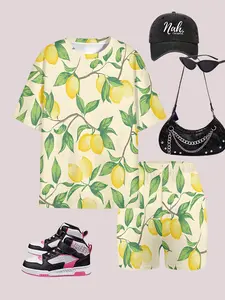 Girls' Summer Casual Set, Cute Short Sleeve Top & Shorts, All-Over Lemon Pattern Design, Trendy Kids Clothing