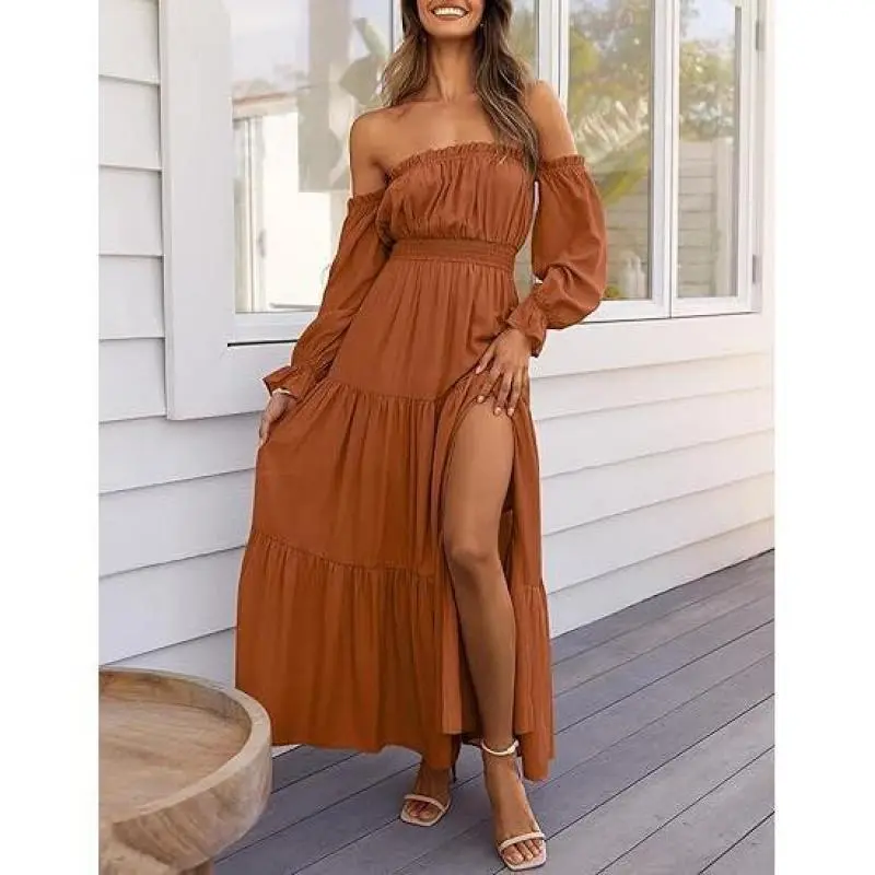 Women's 2025 Boho Sexy Off Shoulder Long Sleeve Smocked High Waist Side Split Flowy A Line Tiered Long Maxi Dress Summer Casual prom dress summer outfits white graduation dress sundress sundress birthday dress  Womenswear Formal summer outfits