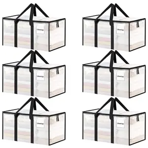 Set of 6 large-capacity, transparent, thick plastic foldable storage bags with hinged lids—sturdy, durable organizers ideal for home, camping, travel, attic storage, dorm rooms, and moving