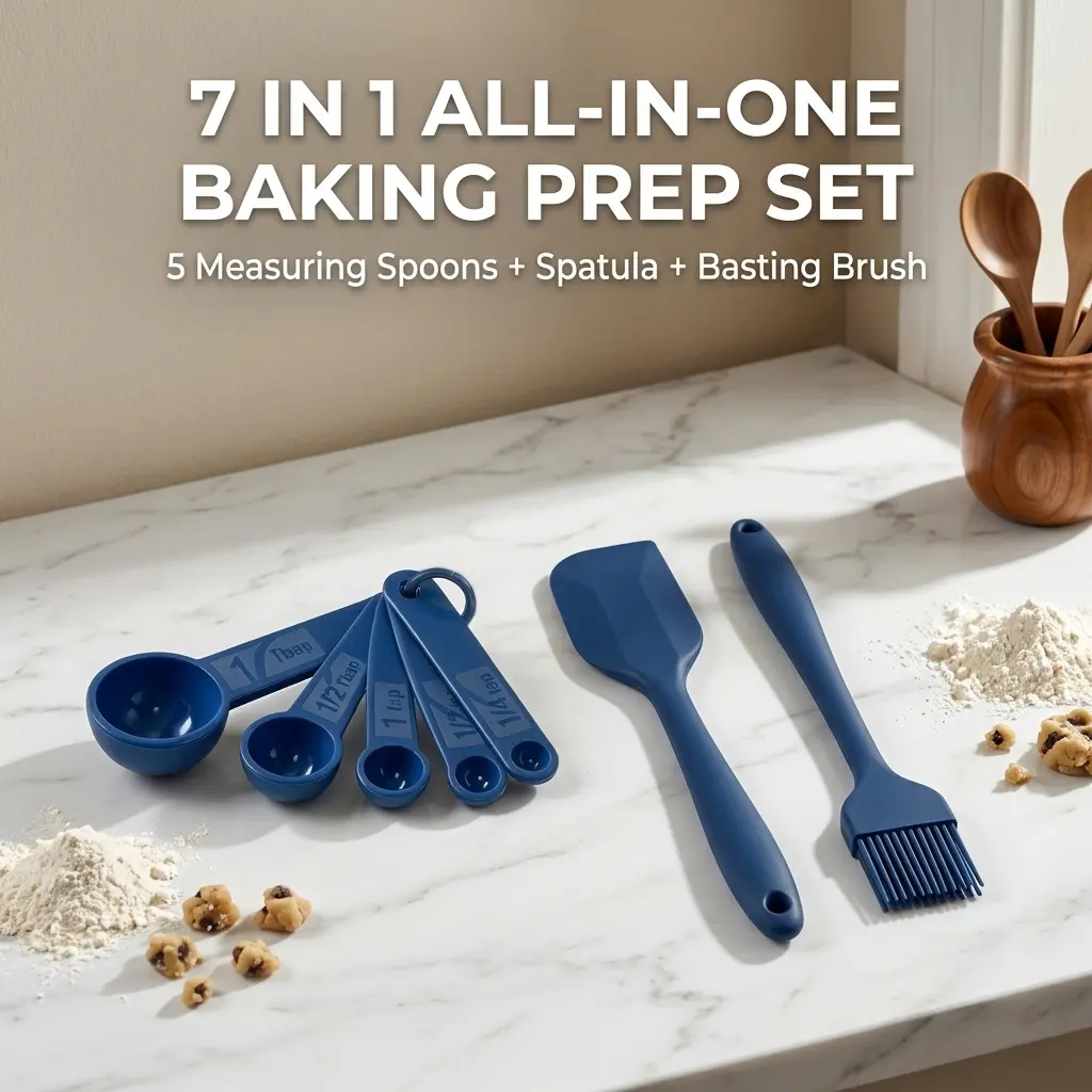 Baking Essentials Set with 5 Measuring Spoons, Silicone Spatula and Pastry Brush, Accurate Measuring Tools for Baking, Cooking, Meal Prep, BBQ & Everyday Kitchen Use silicone jar spatula Bakeware Utensils -A