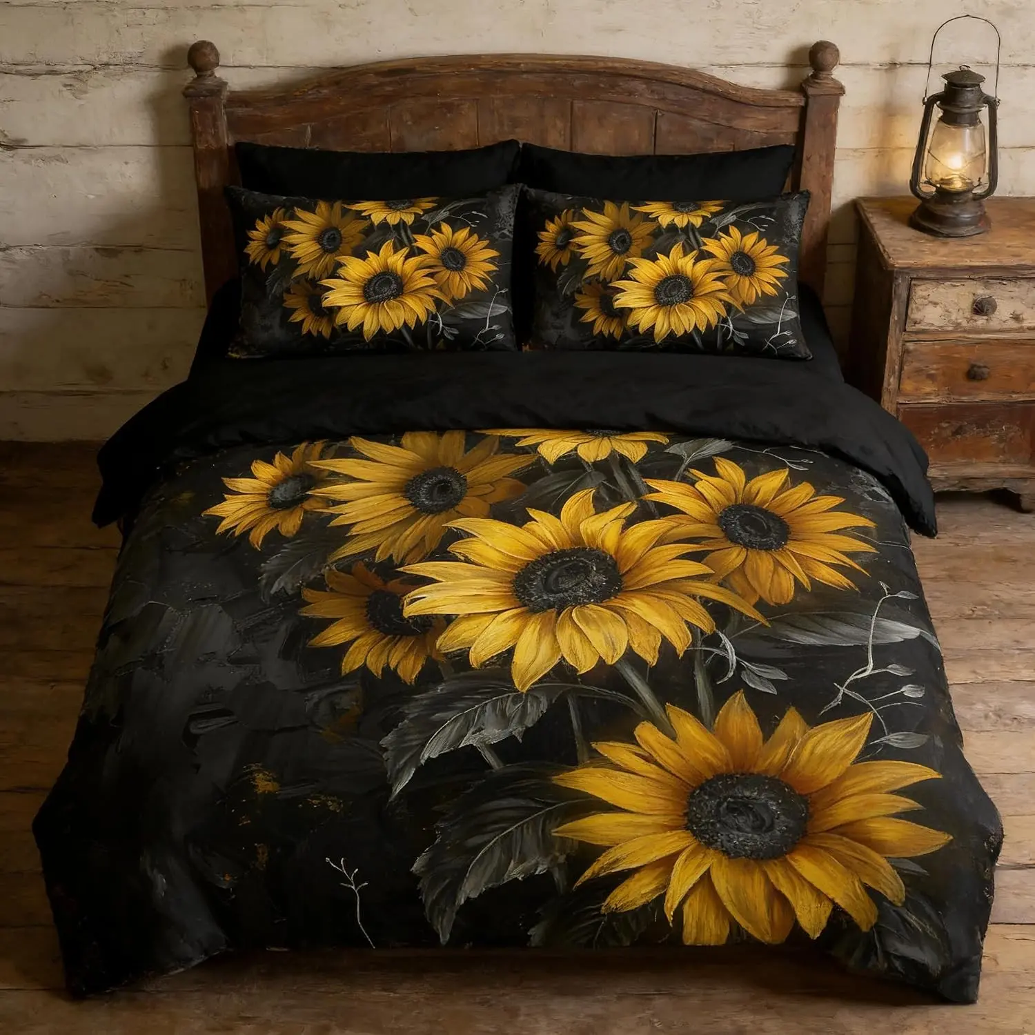 Black Sunflower Comforter Set King Size for Women & Girls Oil Painting Cabin Lodge Farmhouse Vintage 100% Microfiber Lightweight and Cozy 3 Pcs 104"x90"
