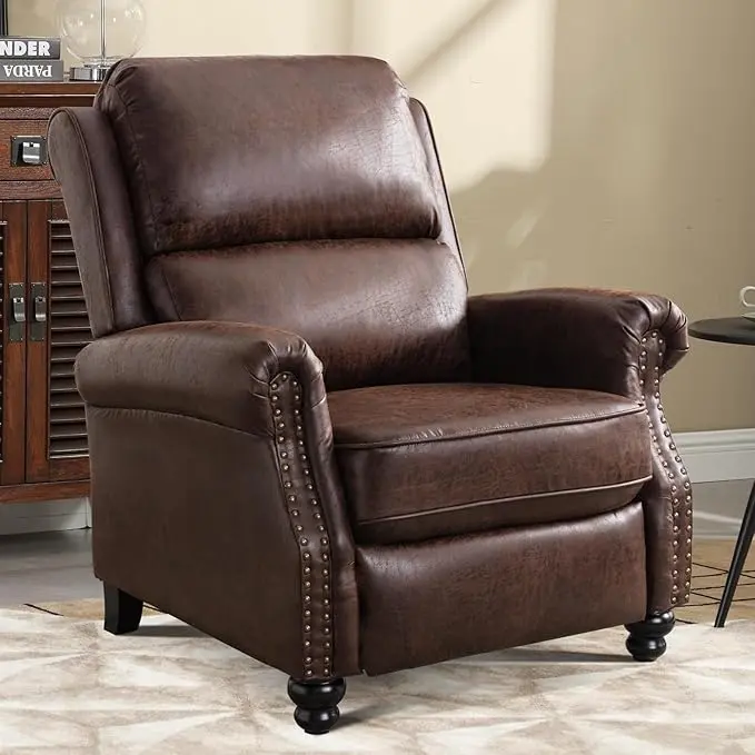 EBELLO Durable Dark Brown Pushback Recliner Chair - Ergonomic Leather Armchair with Rivet Decoration, Adjustable Back, Breathable, Assembly Required, 34.25"W × 35.04"D × 41.73"H, Modern Single Seating for Living Room, Study, Post-Work Unwinds, Free Local