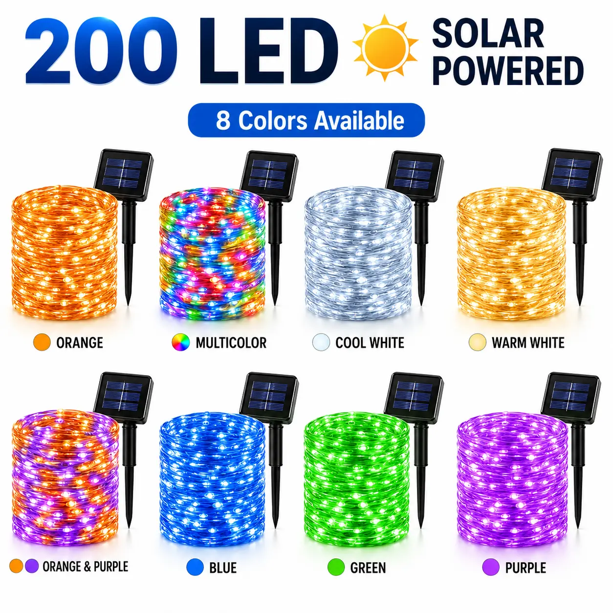 Solar Copper String Lights Set (2-Pack) - 200 Mini LED Solar-Powered Colorful Lights, IP44 Waterproof, 8-Mode Flashing, Ideal for Backyard Glow Up, Independence Day, Garden Decor (Home & Festive Supplies)