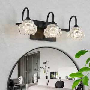 17" Retro 3-Light Bathroom Vanity Light Fixture - Black Finish with Crystal Glass Shades, Wall Mounted Lighting for Bathroom, Powder Room, and Vanity Mior (No Bulbs)