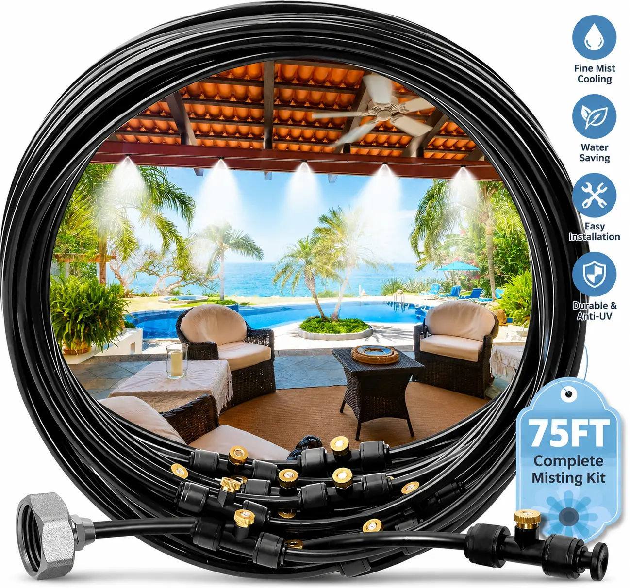 MIXC 75FT Misting System - 23 Brass Nozzles, 3/4" Brass Adapter, Built to Last, 10000+ Hours, Backyard/Faucet/Play Zone Solution for Patio Cooling, Never Leak, Never Clog