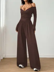 Women's Halter Backless One-Piece Pants, Pure Desire Hot Girl Style, V-Neck Waist Cinch Pleated Design Fit, Flowy Wide Leg Long Pants