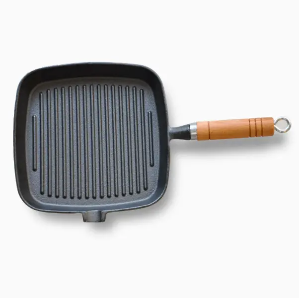 Compact square ribbed cast iron frying pan with heat-resistant wooden handle, space-saving cookware suitable for apartment dwellers who love simple grilled food.