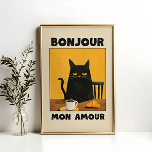 1pc Black Cat Breakfast Art Poster - "Bonjour Mon Amour" Vintage-Inspired Wall Decor, Unframed Canvas Print for Kitchen, Dining Room, or Bedroom, French-Themed Cat Illustration with Warm Tones, Bedroom Decor |   Contemporary Art |   Unframed Artwork
