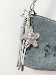 Silver Color Star PU Leather Keychain, Cute Decorative Pendant, Anti-Lost Phone Lanyard, Handmade Wallet Accessory, Women Car Ornament