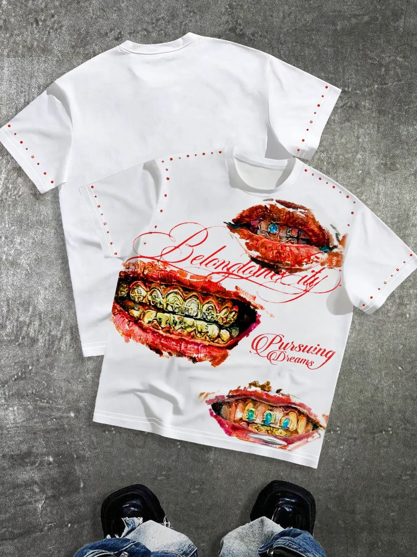 Men's Grillz Lips Digital Print Short T-Shirt, Streetwear Hip Hop Style Loose Fit Tee, Casual Urban Top #GrillzPrintTee #StreetwearEssentials #HipHopStyleTee #DigitalPrintShirt #TikTokMadeMeBuyIt