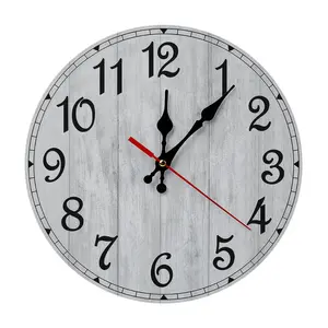 10 Inch Grey Wood Grain Wall Clock, Silent Non-Ticking Battery Operated Farmhouse Clock, Rustic Round Decorative Wall Art for Living Room, Kitchen & Bedroom