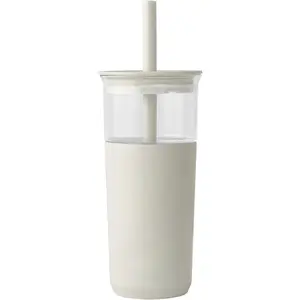 Aspen 20 oz Vacuum Insulated Glass Tumbler with Lid & Extra Wide Straw - Keeps Drinks Cold for 12 Hrs - Ideal for Iced Coffee, Smoothies & Boba - Dishwasher Safe, Soft Base - Unbleached