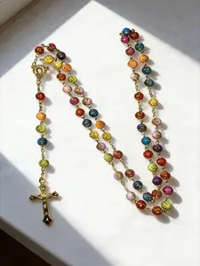 Colorful Resin Rose Beaded Cross Pendant Long Necklace, Unisex Vintage Design Prayer Faith Necklace, Casual All-Season Jewelry, Boho Style Jewelry, Trendy Charms Necklace